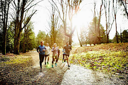 A group of six people running through a park