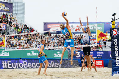 David Ahman and Jonatan Hellvig competing at the A1 CEV BeachVolley Nations Cup 2023 in Vienna, Austria on August 6, 2023 