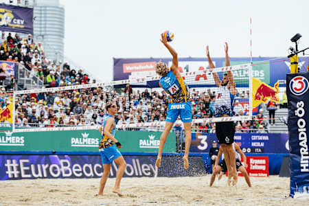 David Ahman and Jonatan Hellvig competing at the A1 CEV BeachVolley Nations Cup 2023 in Vienna, Austria on August 6, 2023 