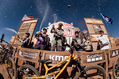 Reed Boggs, Szymon Godziek, Brett Rheeder, Brandon Semenuk and Thomas Genon celebrate on the podium at Red Bull Rampage in Virgin, Utah, USA, on 21 October, 2022.