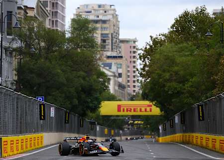 Max Verstappen on track during the F1 Grand Prix of Azerbaijan at Baku City Circuit on September 21, 2025 in Baku, Azerbaijan.