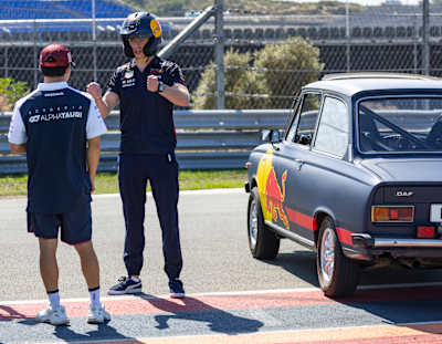 Max Verstappen and Yuki Tsunoda pictured during filming of Red Bull Reverse at Circuit Zandvoort, Netherlands.