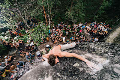 Participant performs at the Red Bull Font & Bleau Final in Fontainebleau, France on June 15, 2019.