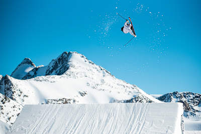 Austrian freeskier Matěj Švancer in action on the Stubai Glacier in Stubai, Austria on November 7, 2020.