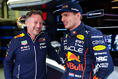 Christian Horner and Max Verstappen of Oracle Red Bull Racing at the British Grand Prix on July 3, 2022.
