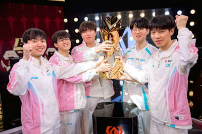 Bilibili Gaming lift the trophy after being crowned champions at First Stand Tournament Grand Finals on March 22, 2026 at the Riot Games Arena in São Paulo, Brazil. 