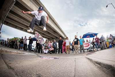 Lucas DeLao does a hardflip during Red Bull Mind the Gap in Des Moines