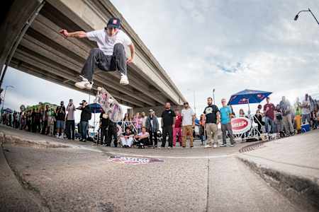 Lucas DeLao does a hardflip during Red Bull Mind the Gap in Des Moines