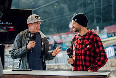 Rob Warner and Claudio Caluori seen at UCI DH World Cup in Maribor, Slovenia on October 17, 2020