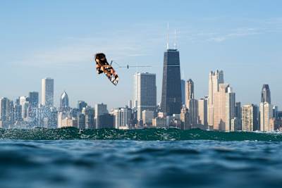 Meagan Ethell wakeboarding on Lake Michigan, USA in a photograph shot by Ryan Talyor.