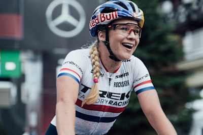 Evie Richards at the start line of the UCI XCO World Cup in Snowshoe in 2019.