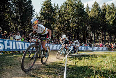 Kate Courtney performs at UCI XCO World Cup in Vallnord, Andorra on July 5th, 2019.