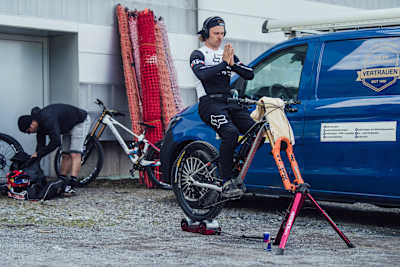 Laurie Greenland warms up at UCI DH World Cup in Lenzerheide, Switzerland on September 4, 2021