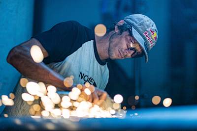 Markus Eder building the final piece of the challenge rail in Klausberg ski resort, Italy on August 20, 2020.