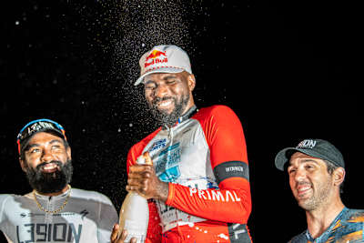 Justin Williams celebrating a win at a criterium race in the United States.