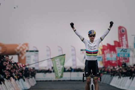 Cyclist Wout van Aert celebrates a win