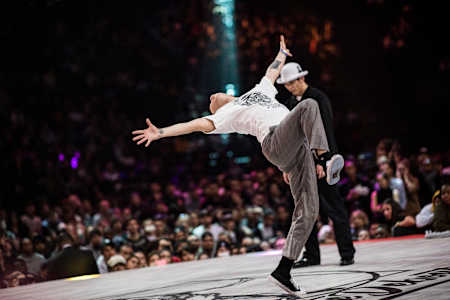 Dancers Hoan and Jaygee perform at the Juste Debout contest in Paris, France.