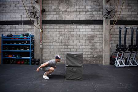 Brook Macdonald performs a box jump for Red Bull Fit 2019.