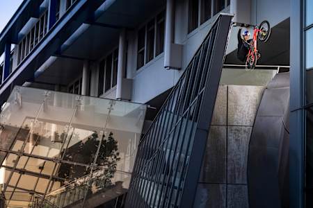 Fabio Wibmer on his trial bike in an Austrian city.