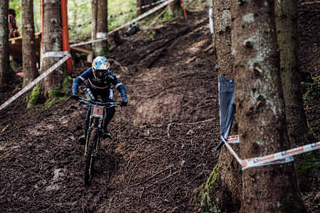 Myriam Nicole performs at UCI DH World Championships in Leogang, Austria on October 9, 2020
