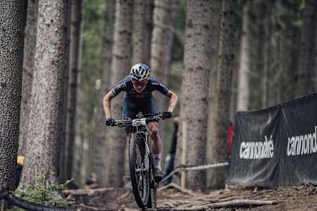 Tom Pidcock racing at cross-country mountain biking World Cup in Nove Mesto na Morave, Czech Republic.