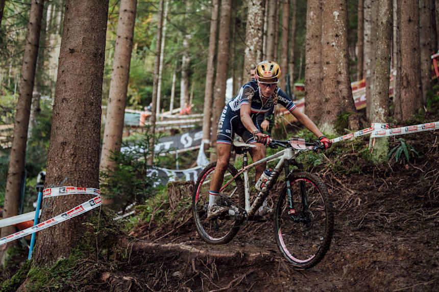 Pauline Ferrand-Prévot performs at UCI XCO World Championships in Leogang, Austria on October 10, 2020