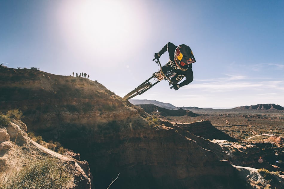 Andreu Lacondeguy competes at Red Bull Rampage Final in Virgin, Utah, on October 26, 2018