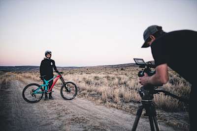 Carson Storch poses for the camera during filming of Rupert Walker's MTB film, Land Escape.