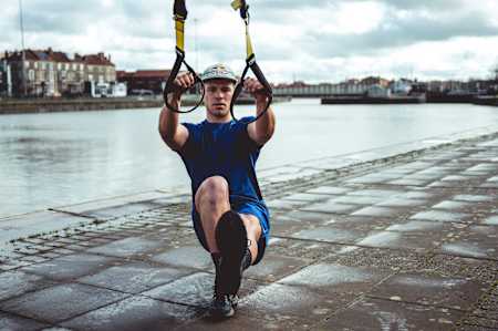MTB pro Laurie Greenland trains with TRX in Bristol, United Kingdom on March 11, 2020.