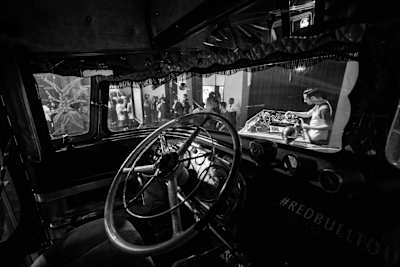 A view of the steering wheel in the Red Bull Tourbus with spectators seen outside, in Buenos Aires, Argentina on October 12, 2016.