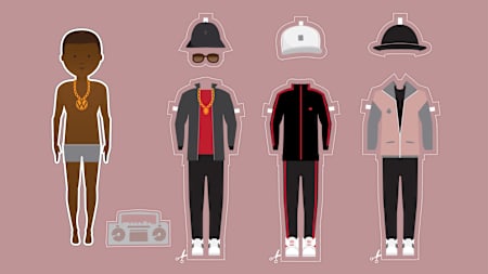 The first hip-hop uniform, worn by rappers, DJs, breakdancers and graffiti artists alike, was the b-boy look: Kangol bucket hats, gold chains, shell-toe trainers and tracksuits.