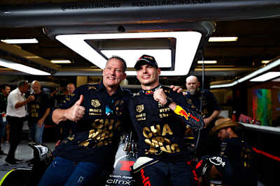 Max Verstappen and his father Jos Verstappen celebrate winning the F1 World Constructors Championship after the F1 Grand Prix of USA at Circuit of The Americas on October 23, 2022 in Austin, Texas.