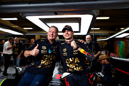 Max Verstappen and his father Jos Verstappen celebrate winning the F1 World Constructors Championship after the F1 Grand Prix of USA at Circuit of The Americas on October 23, 2022 in Austin, Texas.