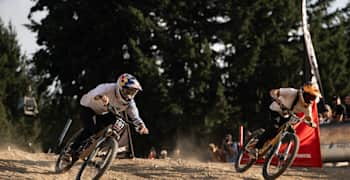 Harriet Burbidge-Smith and Louise Ferguson perform at Crankworx Whistler Dual Slalom in Whistler, Canada on July 27, 2023 