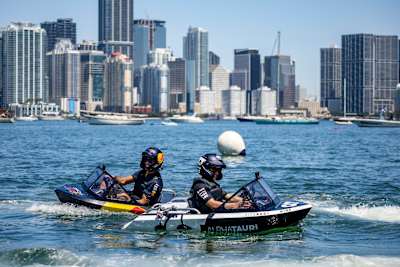 Yuki Tsunoda and Daniel Ricciardo on Miami’s Biscayne Bay