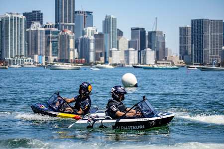Yuki Tsunoda and Daniel Ricciardo on Miami’s Biscayne Bay on May 4, 2023. 
