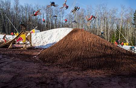 Snowboarders Luke Winkelmann and Sean Fitzsimmons, and mountain bikers Jaxson Riddle and Carson Storch perform in Snowshoe, USA.