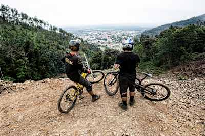 Andreu Lacondeguy and Francisco Pardal at Lousã Bike Park in Portugal.