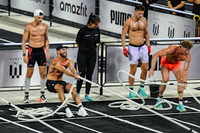 HYROX athlete Alexander Rončević making a move at the Sled Pull at the HYROX World Championships