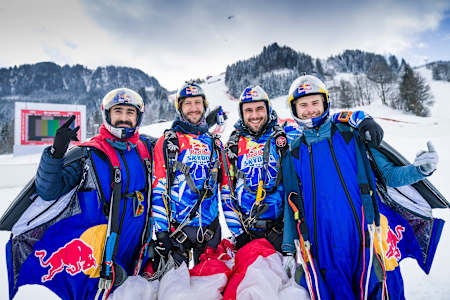 Marco Fürst, Max Manow, Felix Seifert and Marco Waltenspiel of the Red Bull Skydive Team in Kitbuehel, Austria.