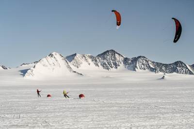 The Spectre Expedition team kite-ski to their destination in Antartica.
