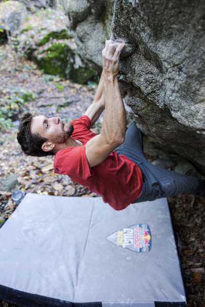 Stefano Ghisolfi performs bouldering prior to the Red Bull Dual Ascent in Verzasca, Switzerland on October 27, 2022.