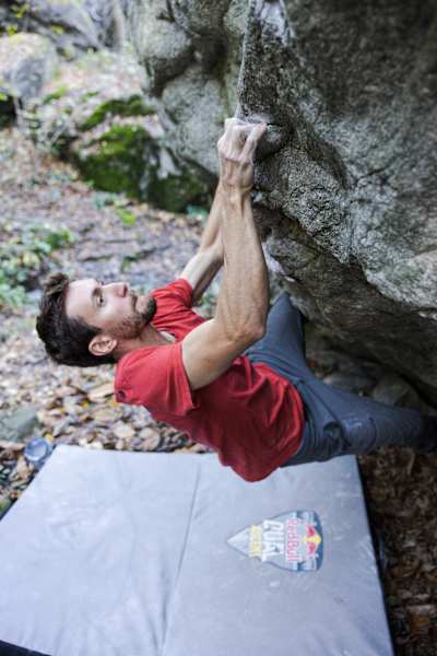 Stefano Ghisolfi performs bouldering prior to the Red Bull Dual Ascent in Verzasca, Switzerland on October 27, 2022.
