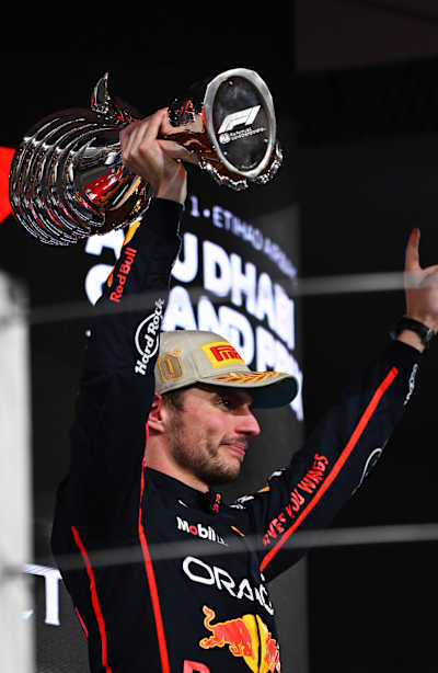 Max Verstappen of the Netherlands and Oracle Red Bull Racing celebrates on the podium during the F1 Grand Prix of Abu Dhabi at Yas Marina Circuit on December 07, 2025.