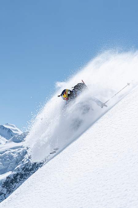 Maxime Chabloz slashing pow during the Red Bull Alpine Camp in Zermtt on May 19, 2024