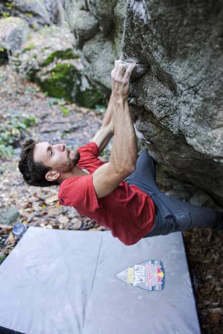 Stefano Ghisolfi performs bouldering prior to the Red Bull Dual Ascent in Verzasca, Switzerland on October 27, 2022.
