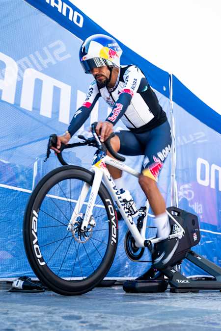 Daniel Felipe Martinez prepares for Stage 2 of the Giro d'Italia 2025 in Tirana, Albania, on May 10, 2025.