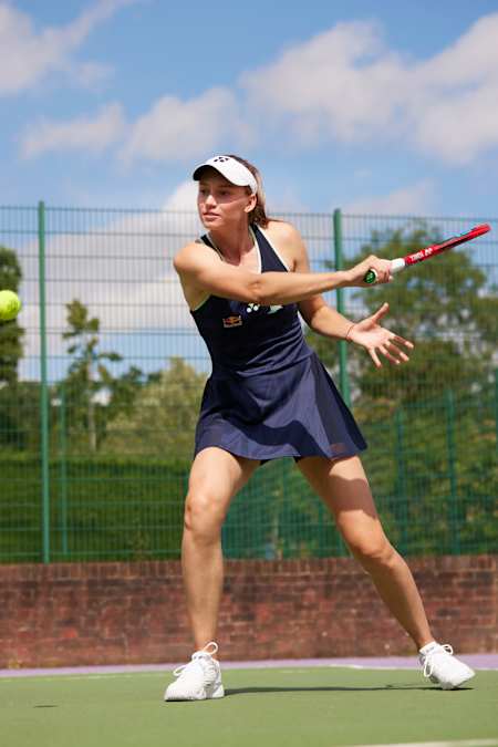 Elena Rybakina performs on the tennis court ahead of the Wimbledon in London, United Kingdom on June 24, 2025.