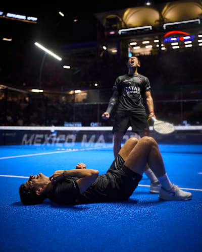 Agustin Tapia and Arturo Coello celebrate their dramatic victory at the Premier Padel GNP Major Acapulco 2025 in Mexico,.