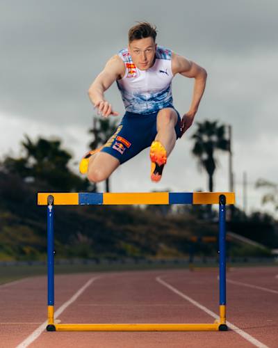 In 2024, Karsten Warholm clears a hurdle during training in Tenerife.